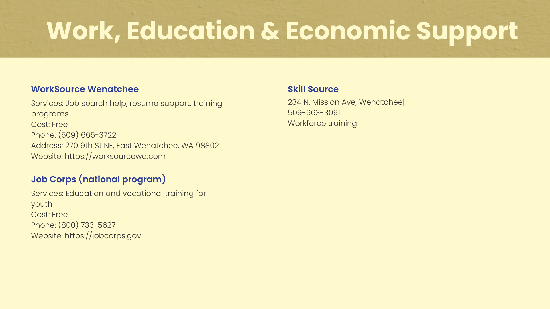 A printed informational flyer with a yellow background and a brown upper border. The flyer features the heading 'Work, Education & Economic Support' and lists contact information for three organizations: WorkSource Wenatchee, Skill Source, and Job Co