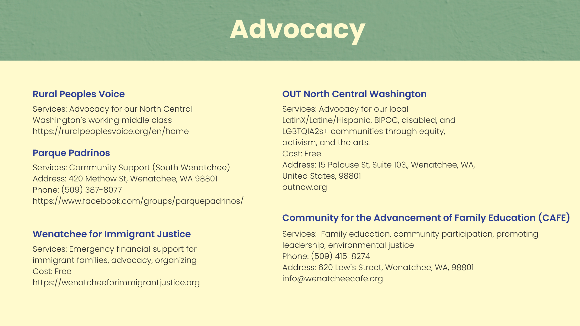 Screenshot of a webpage section titled 'Advocacy' listing various organizations and their contact information in Wenatchee, Washington, including Rural Peoples Voice, Parque Padrinos, Wenatchee for Immigrant Justice, OUT North Central Washington, and