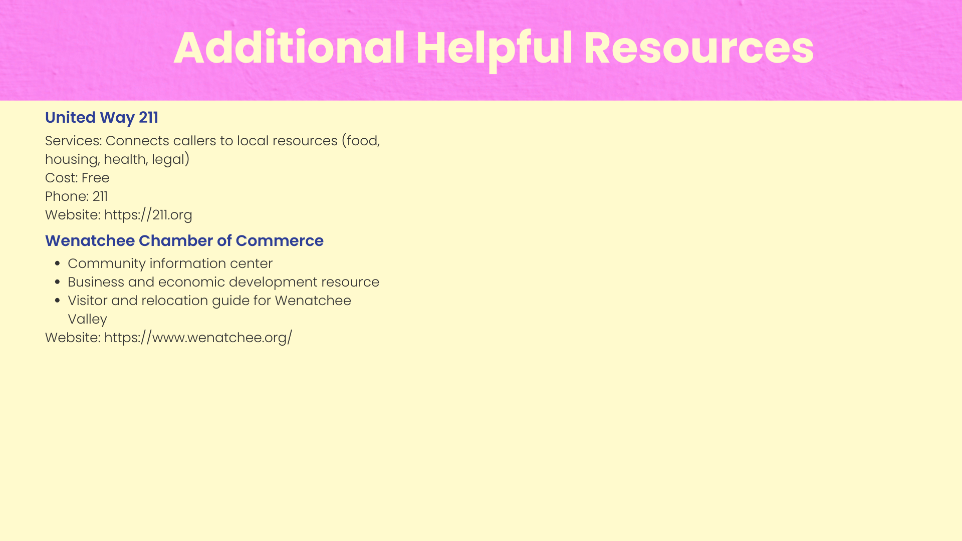 A webpage titled 'Additional Helpful Resources' with a pink header and light yellow background. It lists resources including United Way 211 and Wenatchee Chamber of Commerce, with contact details and website links.