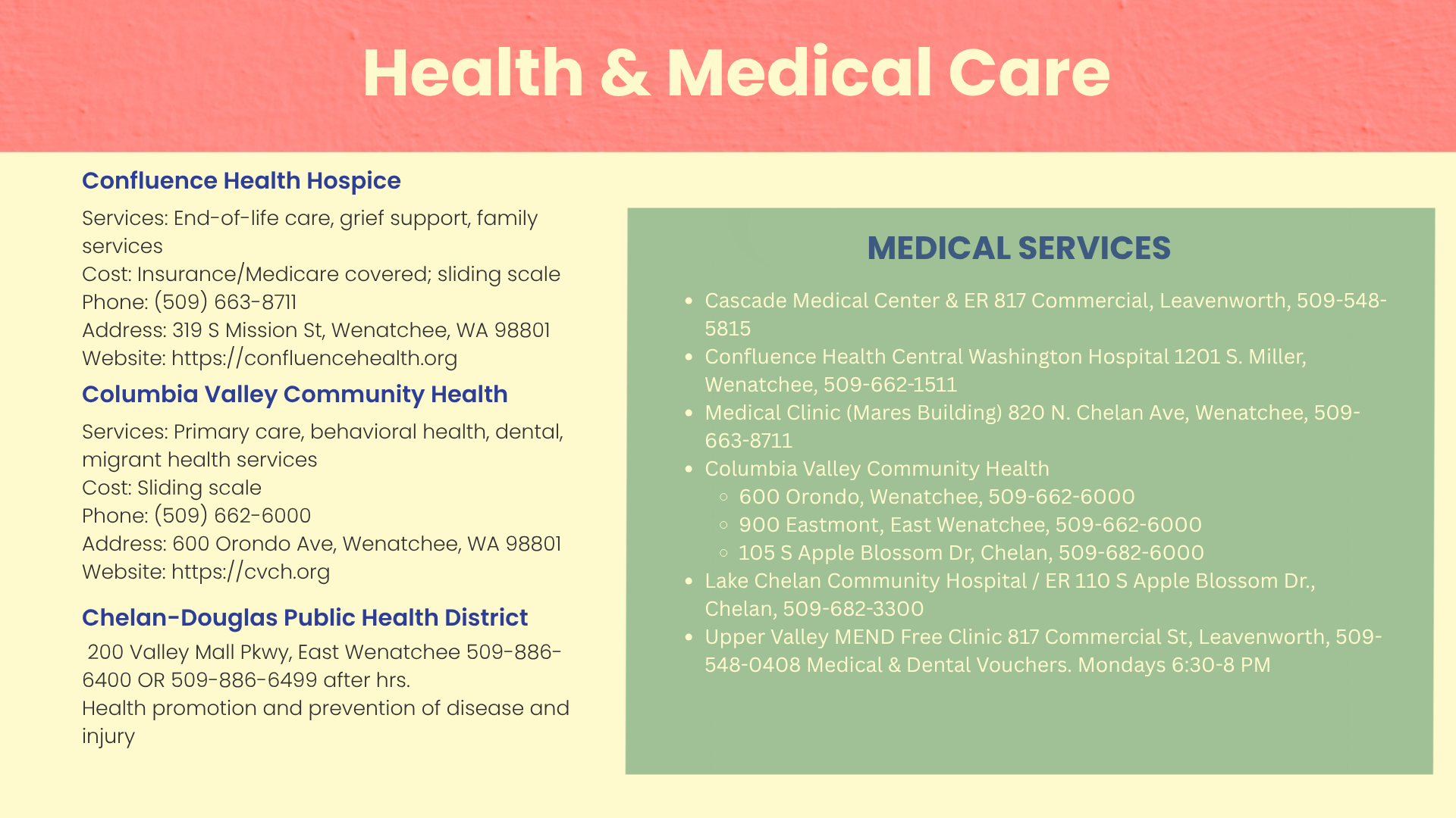 A health and medical care informational flyer listing services and contact details for various healthcare providers, including Confluence Health Hospice, Columbia Valley Community Health, and Chelan-Douglas Public Health District.