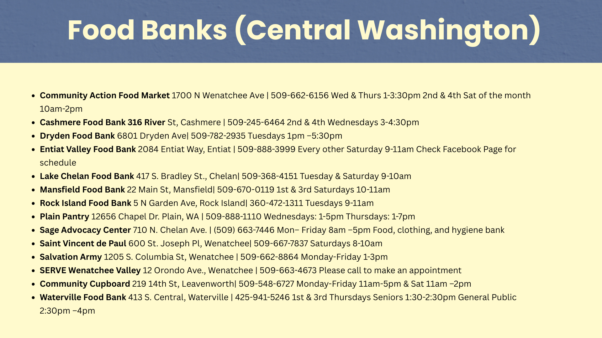 List of various food bank locations and their schedules in Central Washington.