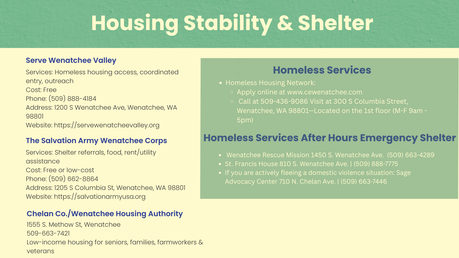 A printed informational brochure titled "Housing Stability & Shelter" with services for homeless assistance in Wenatchee Valley, including contact details and descriptions of agencies and emergency shelters.