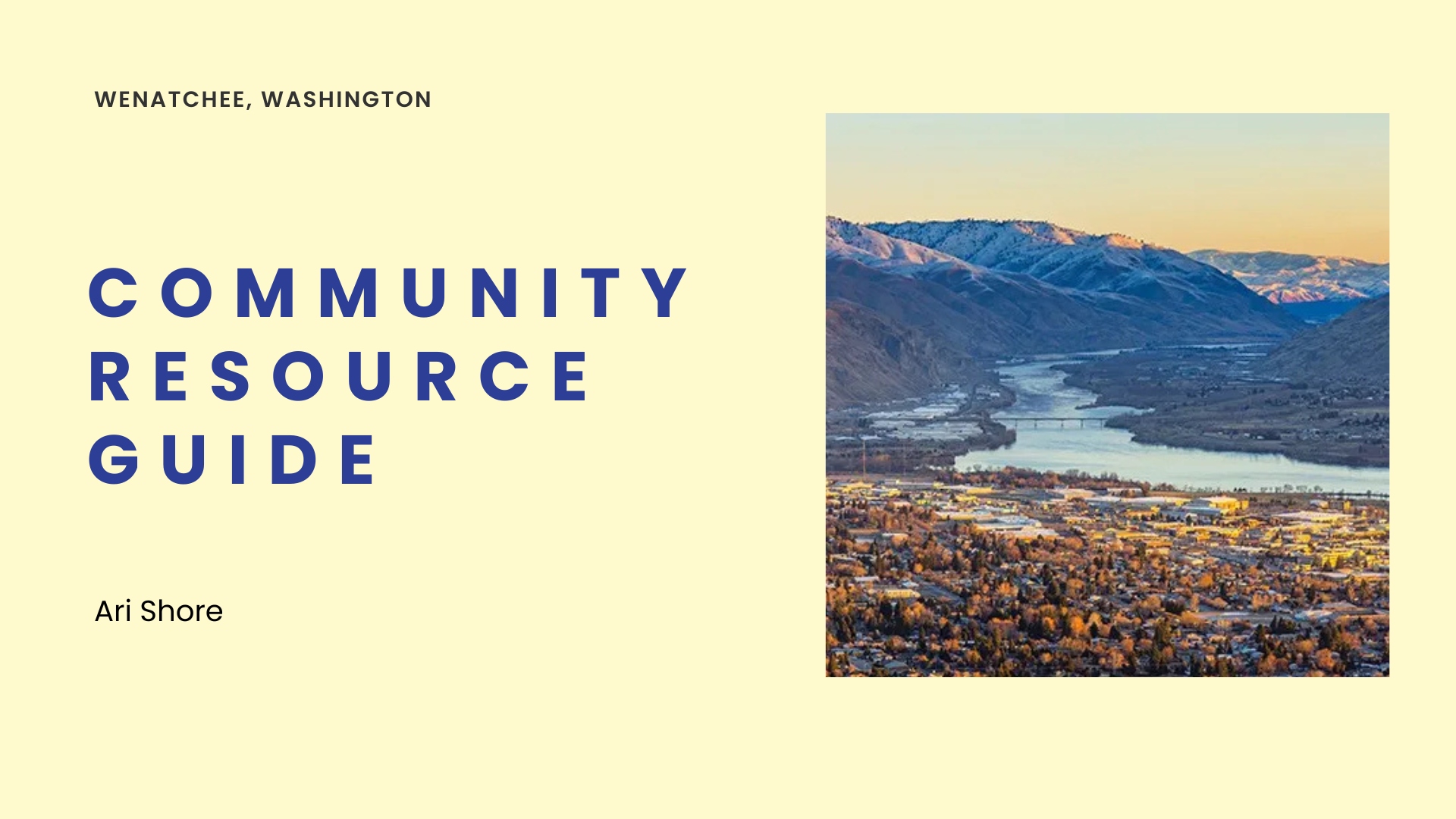 Cover of a community resource guide with a landscape photo of Wenatchee, Washington showing mountains, a river, and city buildings.