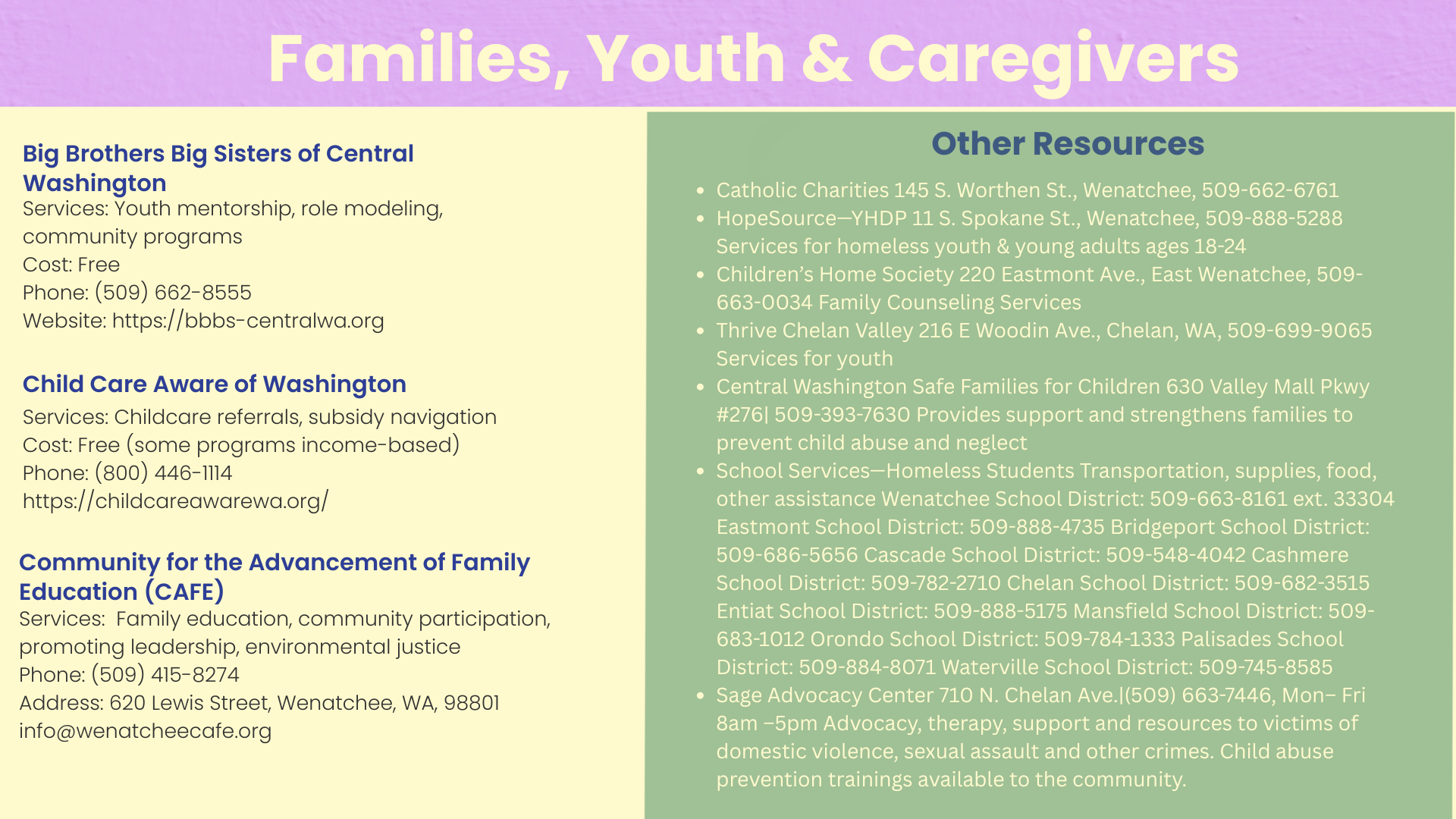 Information on programs and resources for families, youth, and caregivers including services for community mentorship, child care, family education, and local organizations in Wenatchee and surrounding districts.