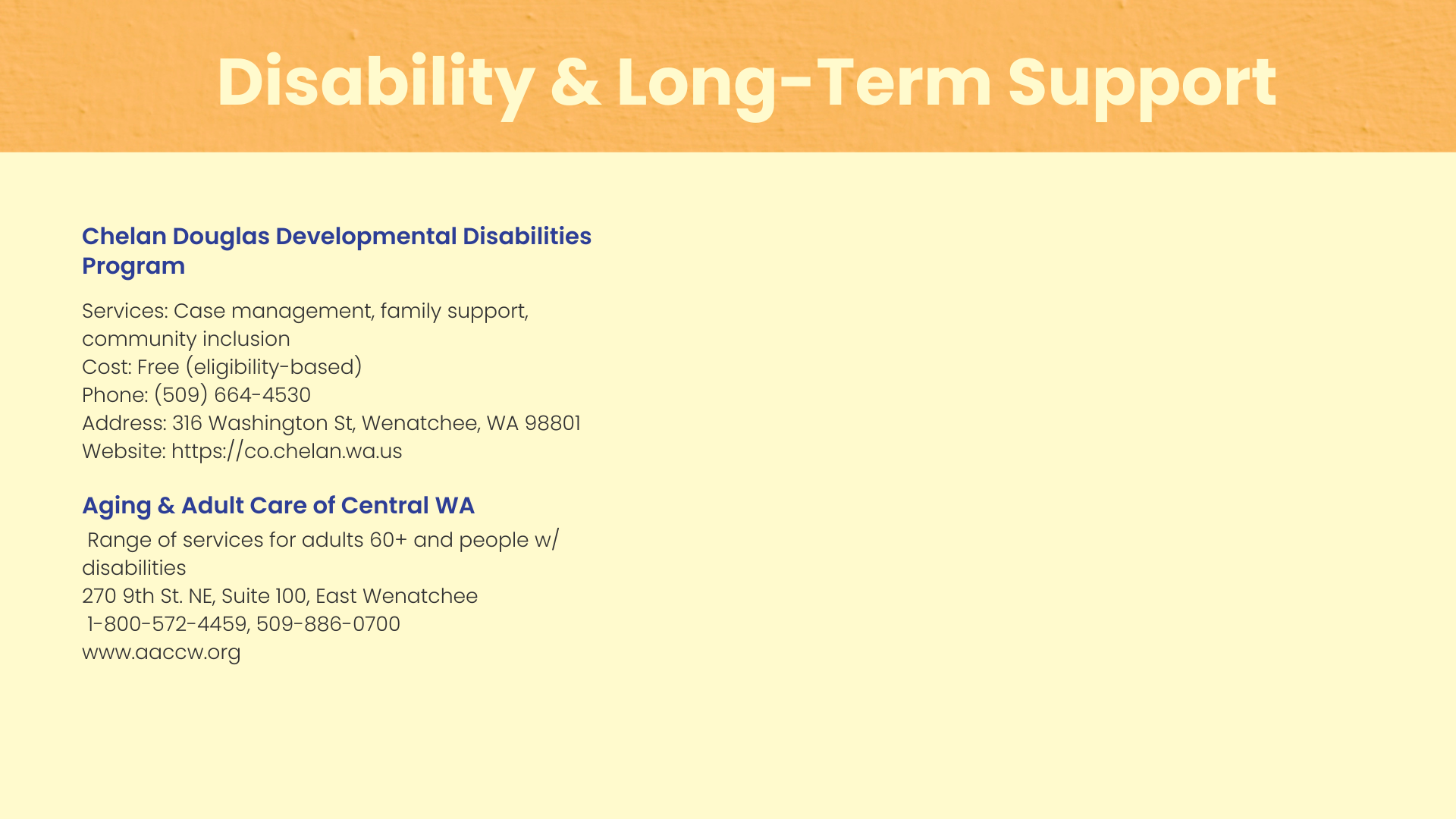 A webpage with a yellow background featuring the title 'Disability & Long-Term Support' in large, bold, white text on an orange textured background. Below it, there are sections providing information about disability programs and adult care services,