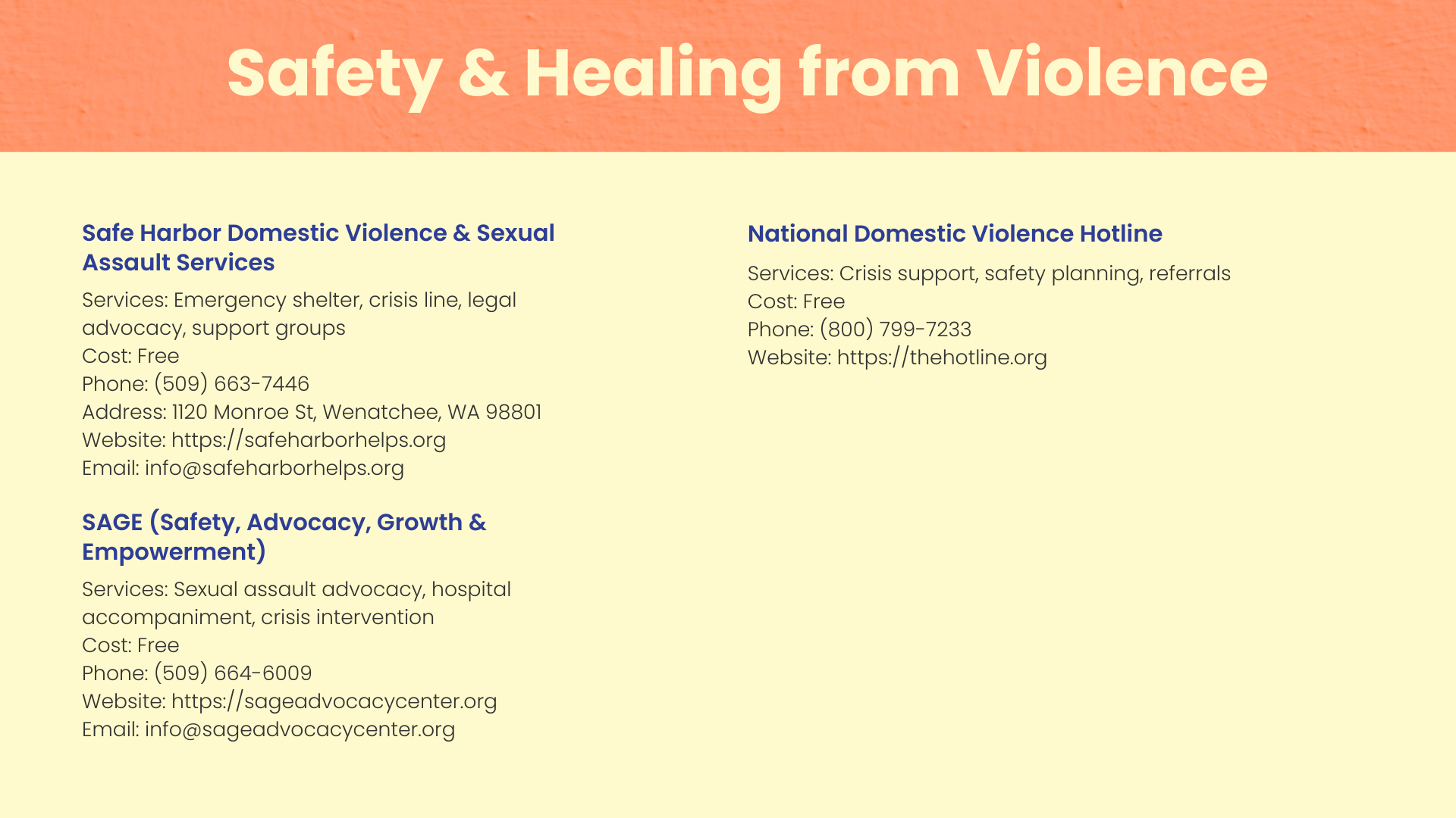 A webpage titled 'Safety & Healing from Violence' with resources for domestic violence support, including services, hotlines, and advocacy organizations.