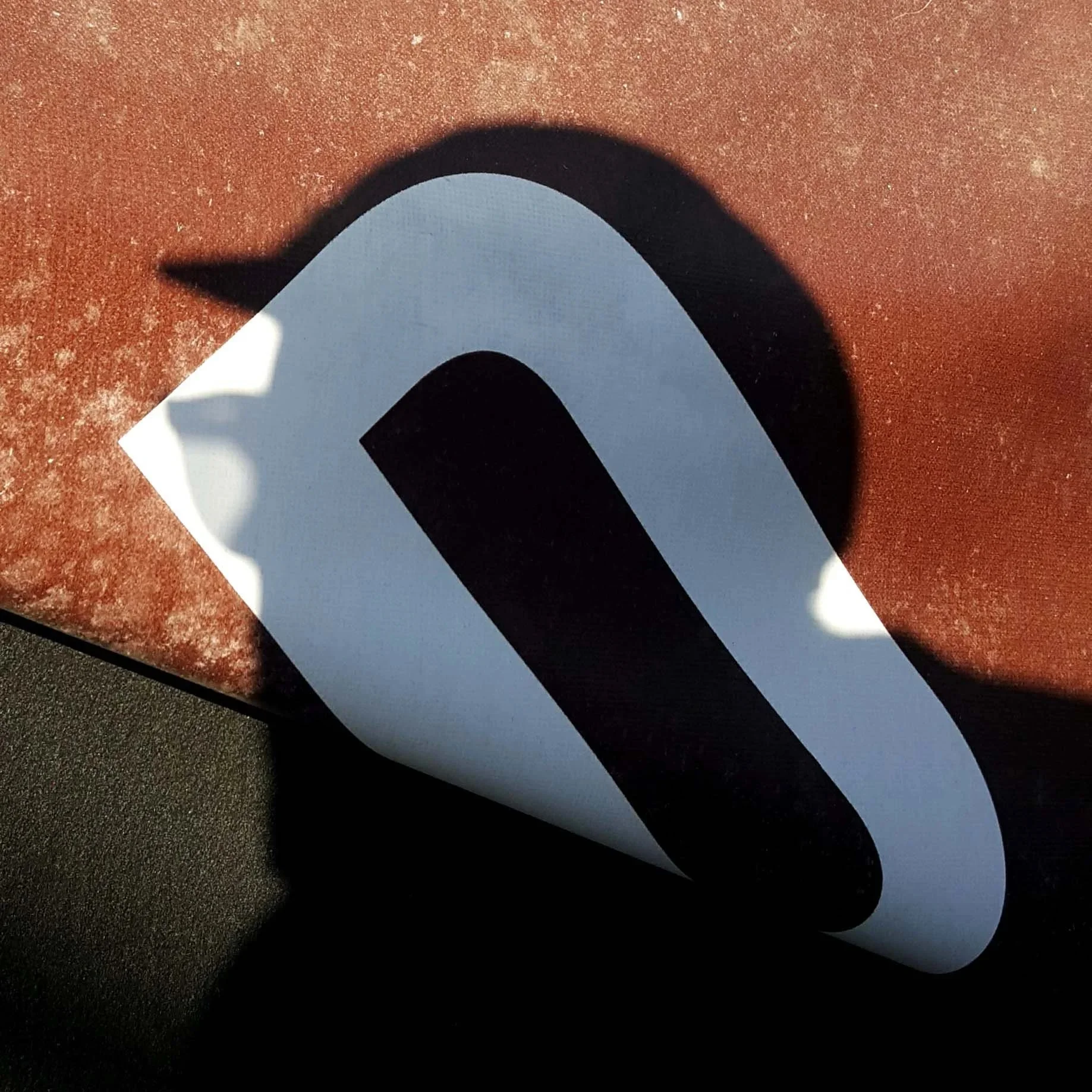 Der Buchstabe "D" klebt auf einer bronzeroten Hausmauer, er ist leicht geneigt. Auf den Buchstaben legt sich der Schatten eines Kopfes. Er trägt eine Brille und eine Mütze. Der Buchstabe "D" und das Schattenprofil ergeben eine spannende Symbiose.