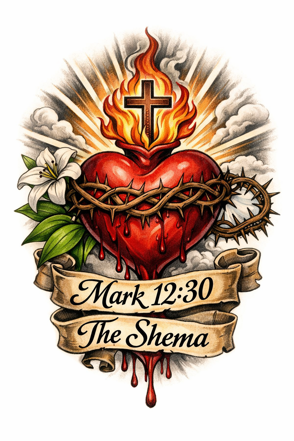 A tattoo-style illustration featuring a bleeding, pierced heart with a crown of thorns, surrounded by white lilies, a burning cross, and clouds with sun rays. A banner reads 'Mark 12:30 The Shema'.