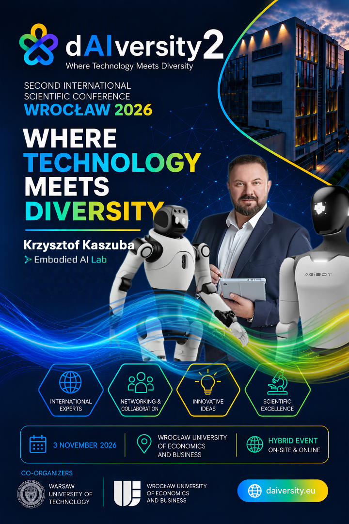 Plakat 2. Międzynarodowej Konferencji dAIversity „Where Technology Meets Diversity” (Wrocław, 3 listopada 2026) z Krzysztofem Kaszubą z Embodied AI Lab i humanoidami AgiBot.
