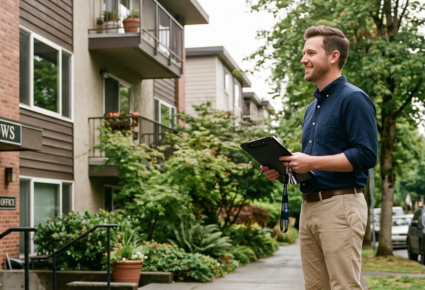 A man standing outside a residential apartment building, holding a tablet and smiling.