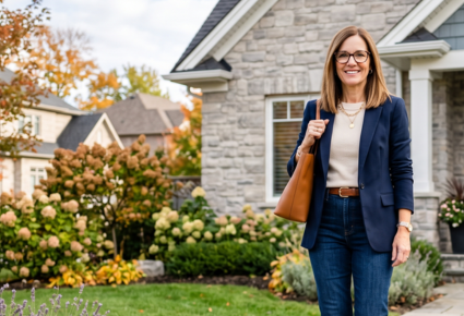 A woman with glasses smiling outdoors in front of a house with a garden, carrying a brown tote bag.