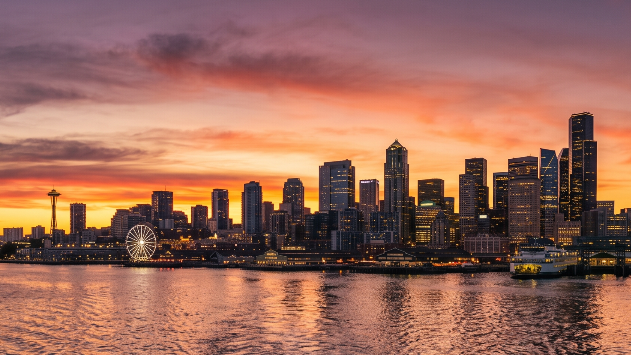 Seattle skyline at sunset featuring the Space Needle, Great Wheel, waterfront, and illuminated skyscrapers