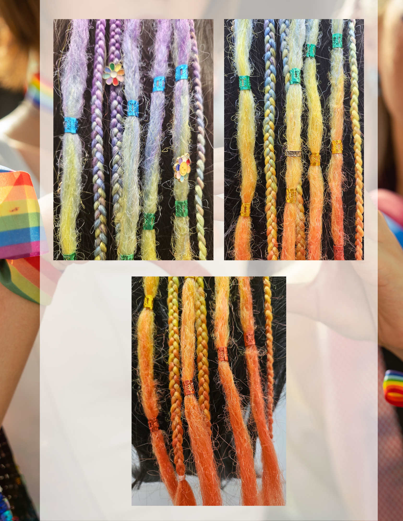 Texture de dreadlocks synthétiques multicolores, dégradé arc-en-ciel