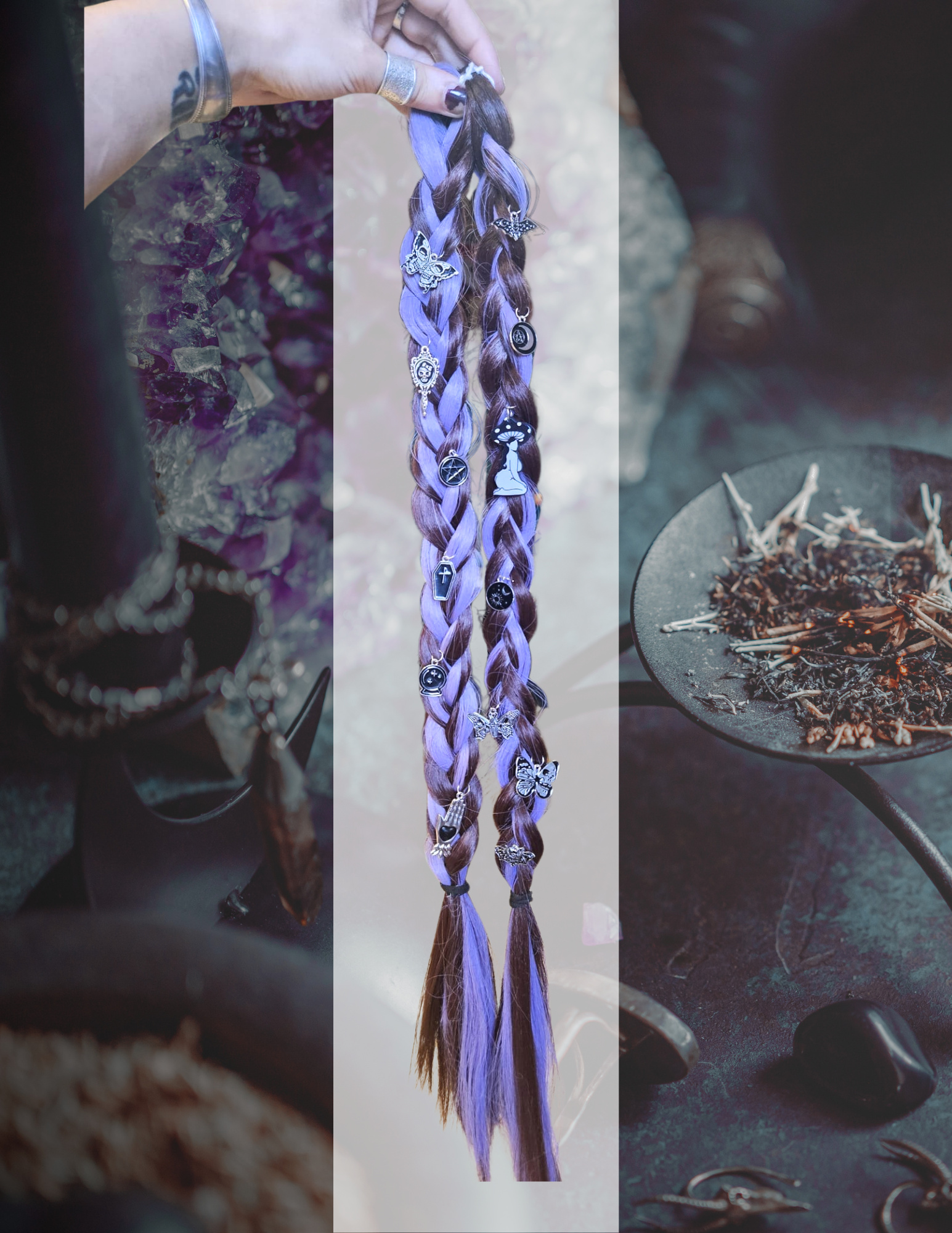 Dreadlocks synthétiques violettes texturées, détail avant pose
