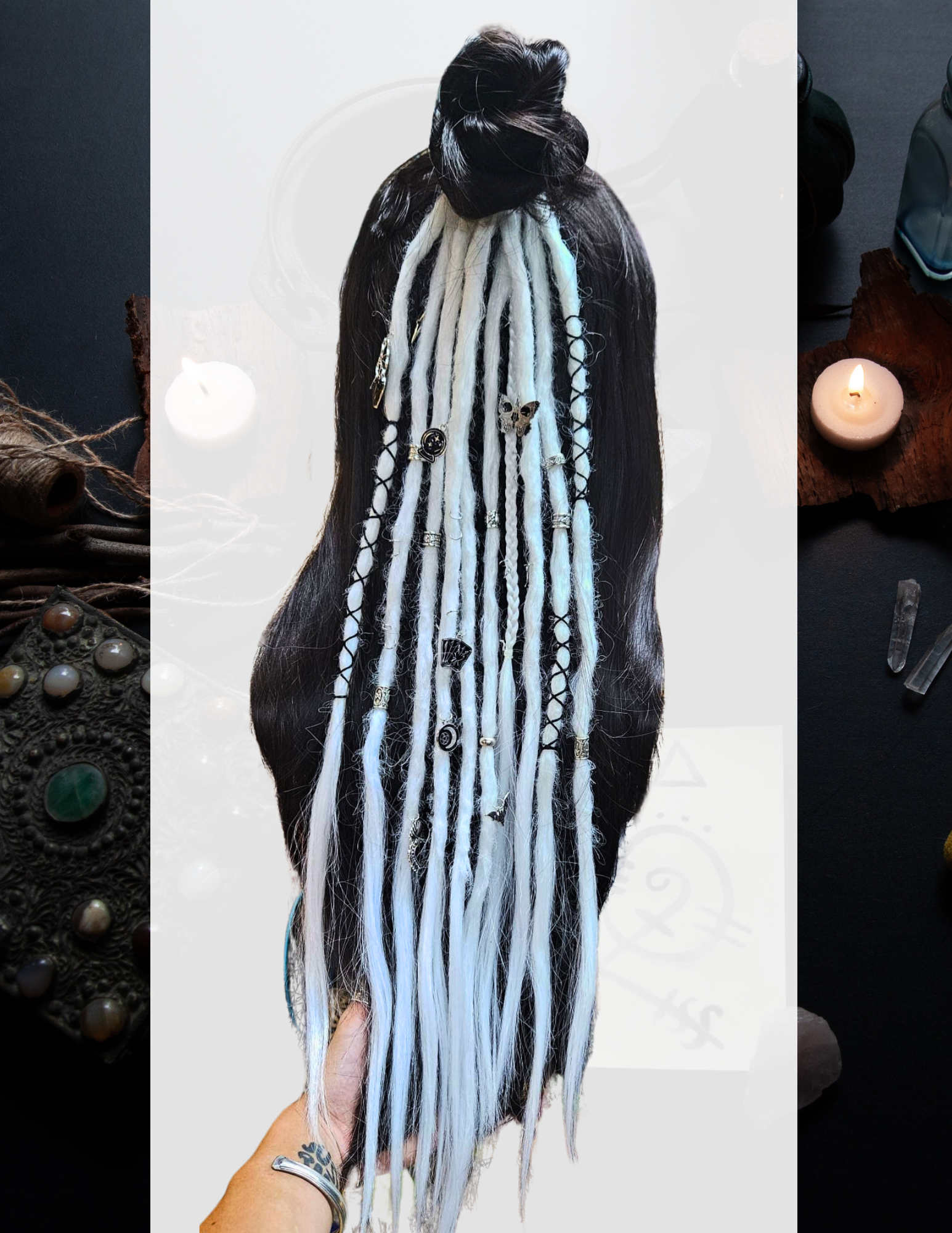 Extensions de dreadlocks longues noires et blanches, dentelle gothique faite main