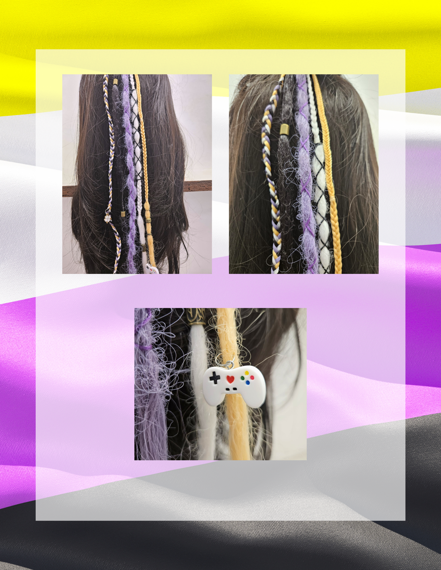 Planche détails tressage et charms ponytail nonbinary pride