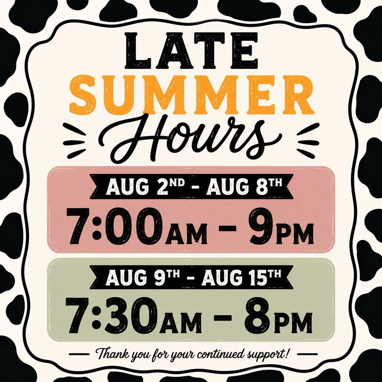 As summer begins to wind down, some of our amazing staff are heading back to school! 📚✏️

That means we&rsquo;ll be making a few small adjustments to our hours over the next couple of weeks as our team gets a little smaller.

We&rsquo;re so grateful