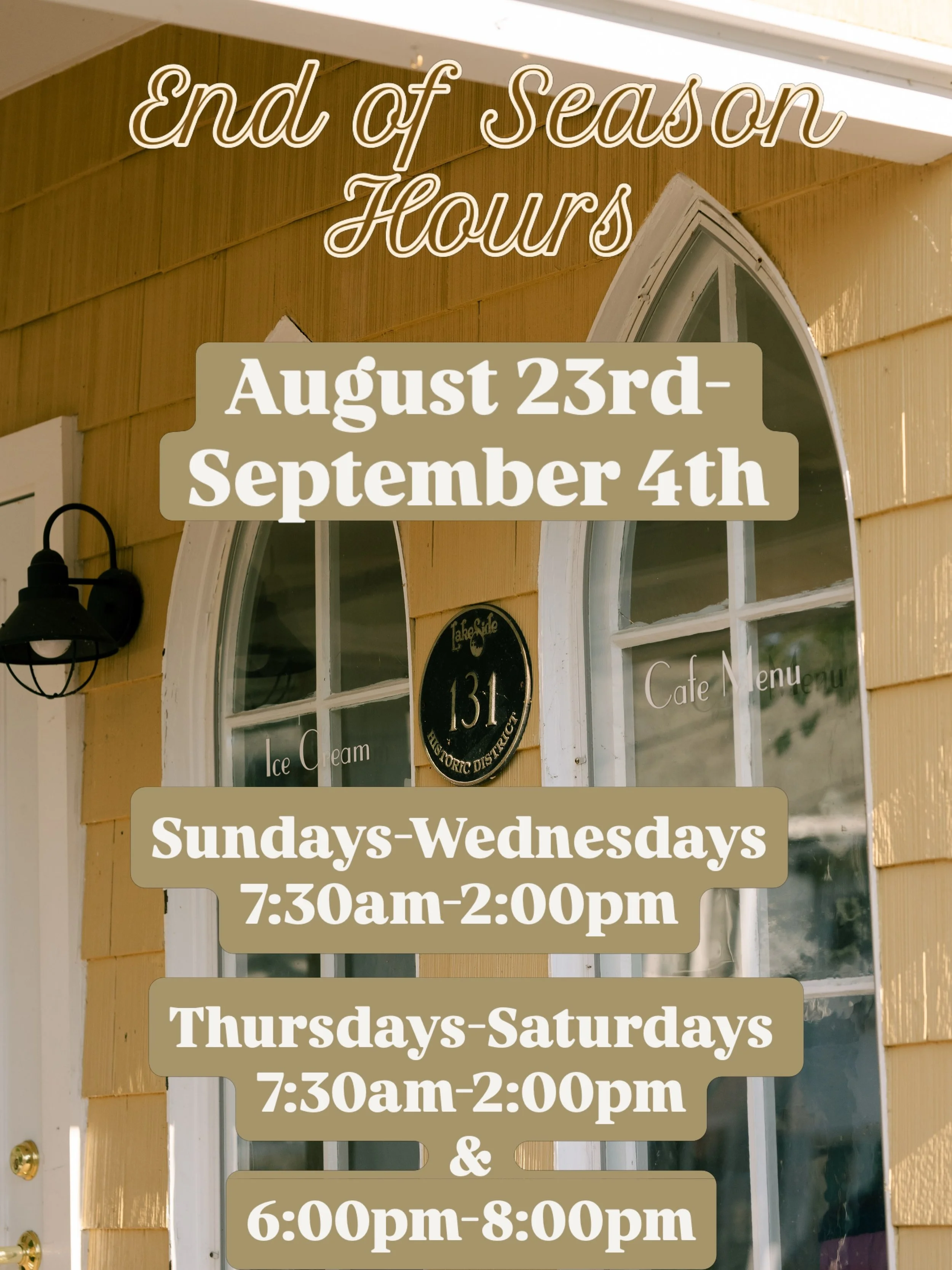 As we head into the last two weeks of the season, our hours are changing a bit!

Be sure to check back for updates on our Labor Day Weekend hours and stay tuned to see what we&rsquo;ll be up to on fall weekends! 🍂
#lakesideohio #coffee #icecream #la