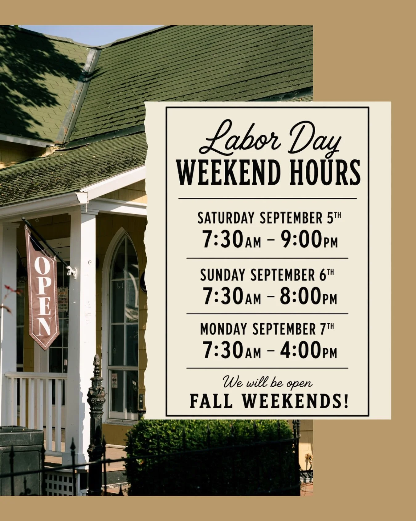 One last long weekend of the Lakeside season! 🇺🇸☕️🍦

Make Coffee &amp; Cream part of your Labor Day weekend! Come grab your favorites before summer slips away. ☀️

And don&rsquo;t worry, we&rsquo;ll still be around for fall weekends! 🍂