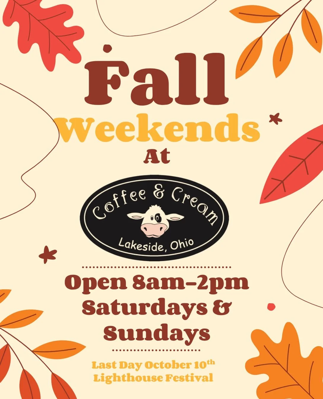 🍂 We&rsquo;re not done just yet!

Coffee &amp; Cream is sticking around for fall weekends ☕️🍦

Come spend your Saturday + Sunday with us from 8AM&ndash;2PM and enjoy a little extra Lakeside time. 🍁

Hours may vary for special events, so keep an ey