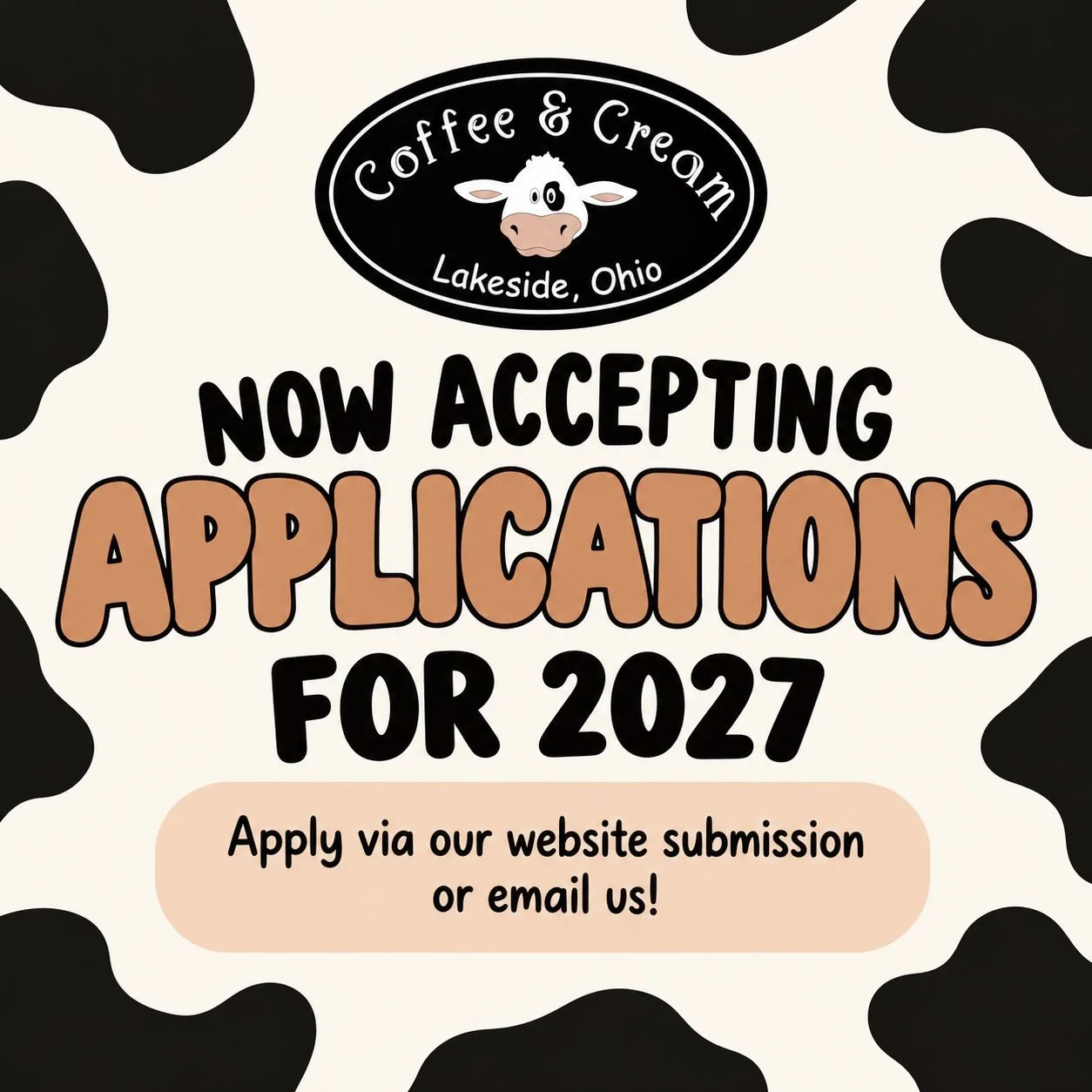 We&rsquo;re now accepting applications for our 2027 season! 

Interested in joining the Coffee &amp; Cream crew? Apply through our website or send us an email!

Interviews will take place January&ndash;March. We can&rsquo;t wait to meet you!