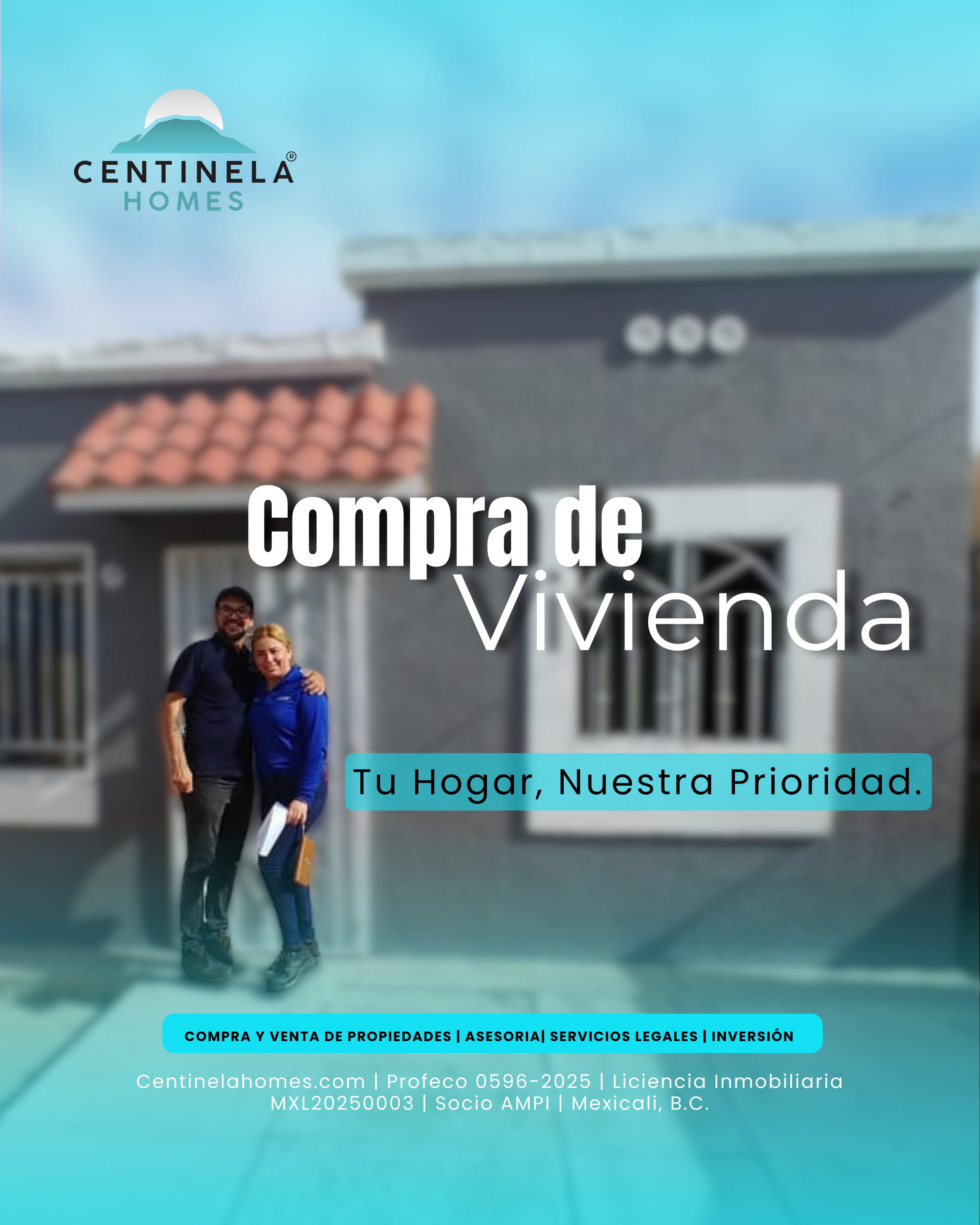 Una familia feliz frente a una casa moderna en un contenido de bienes raíces.