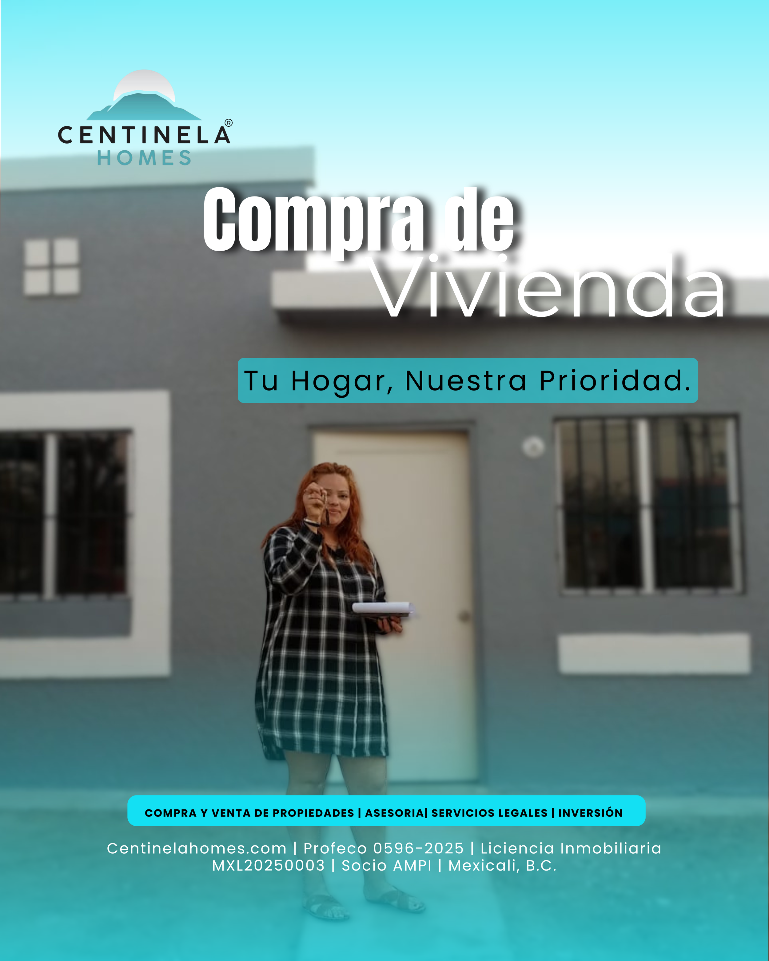 Fachada de un edificio de residencia y una mujer con un libro en la mano, vista desde atrás.