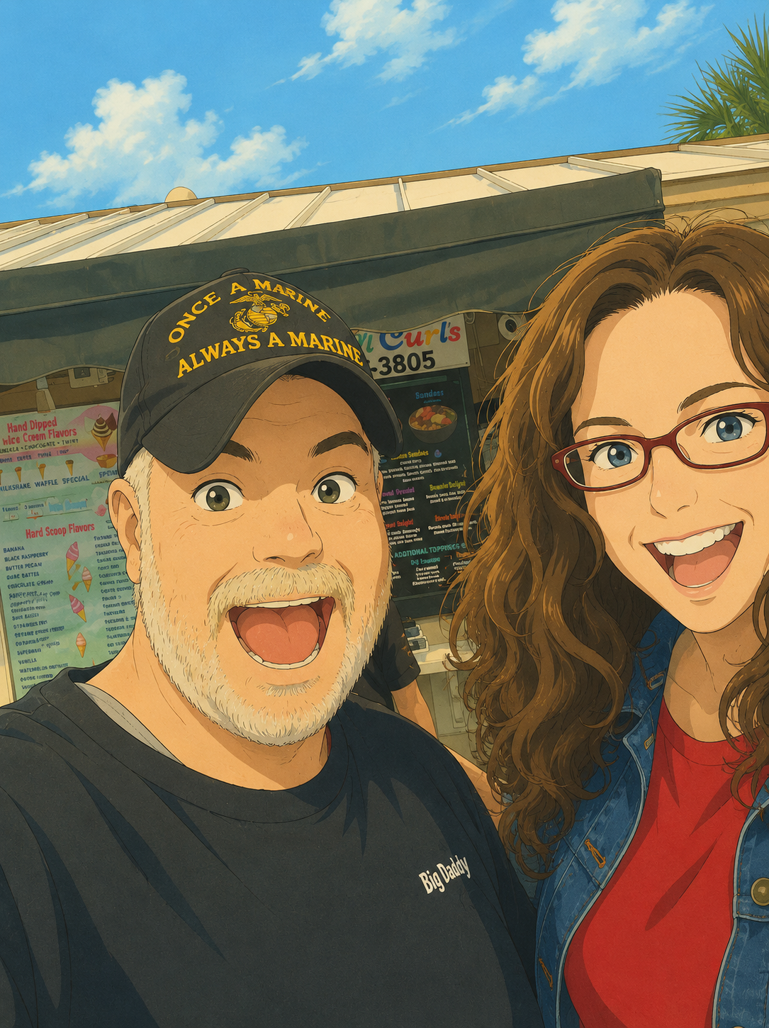 A man and a woman taking a selfie outside an ice cream shop, smiling and looking excited. The man has a white beard and is wearing a black cap with the text "Once a Marine Always a Marine." The woman has long, curly brown hair and is wearing glasses and a denim jacket.