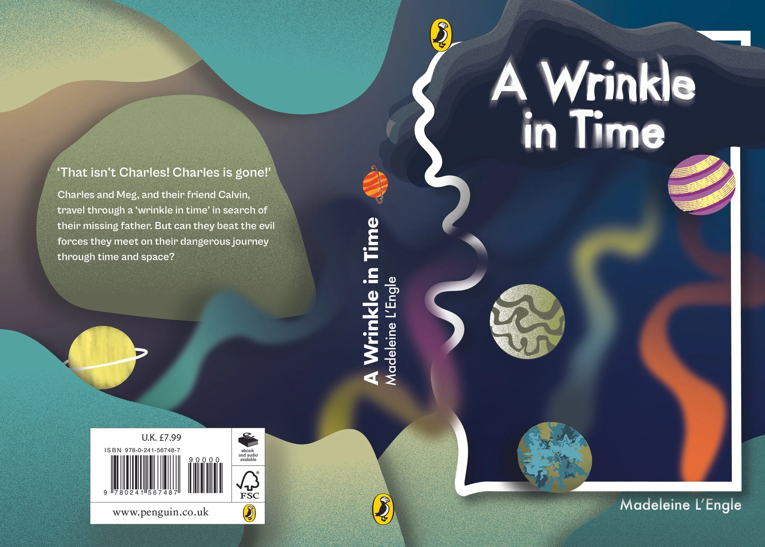 Book cover titled 'A Wrinkle in Time' by Madeleine L'Engle featuring illustrations of planets and cosmic elements with a cosmic background.