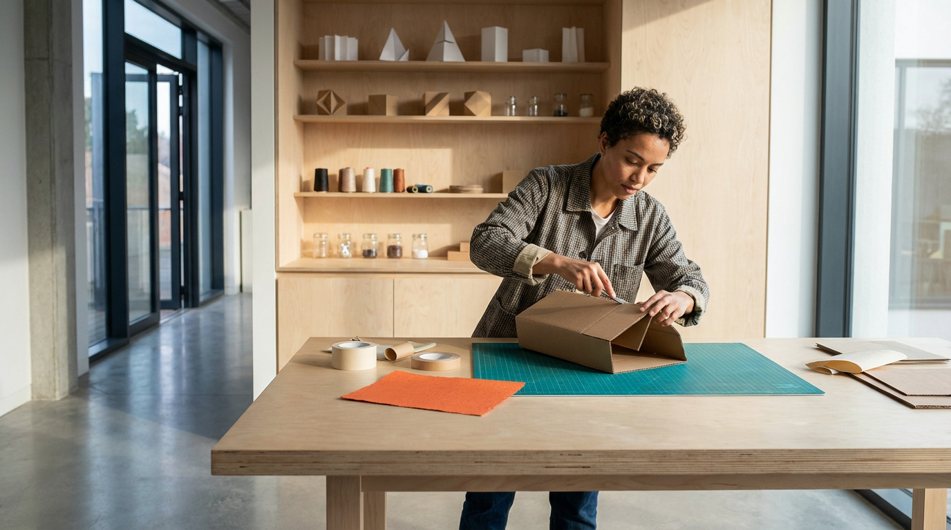 A woman is standing at a wooden table, cutting a piece of cardboard with scissors in a craft studio or workspace, with a green cutting mat, rolls of tape, fabric swatches, and paper on the table. Behind her, there are wooden shelves with various craft supplies and geometric shapes, with large windows on the side.