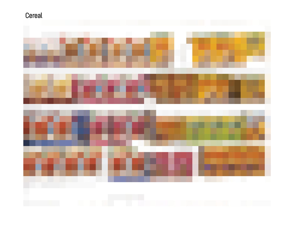 Blurred image of a cereal box display with various cereal brands.