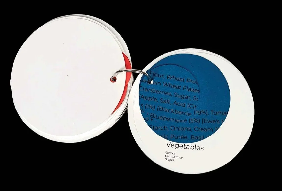 A white circular binder with a blue sheet inside titled 'Vegetables' and a white sheet inside with blank space on the left side. The blue sheet lists ingredients for a vegetable dish.