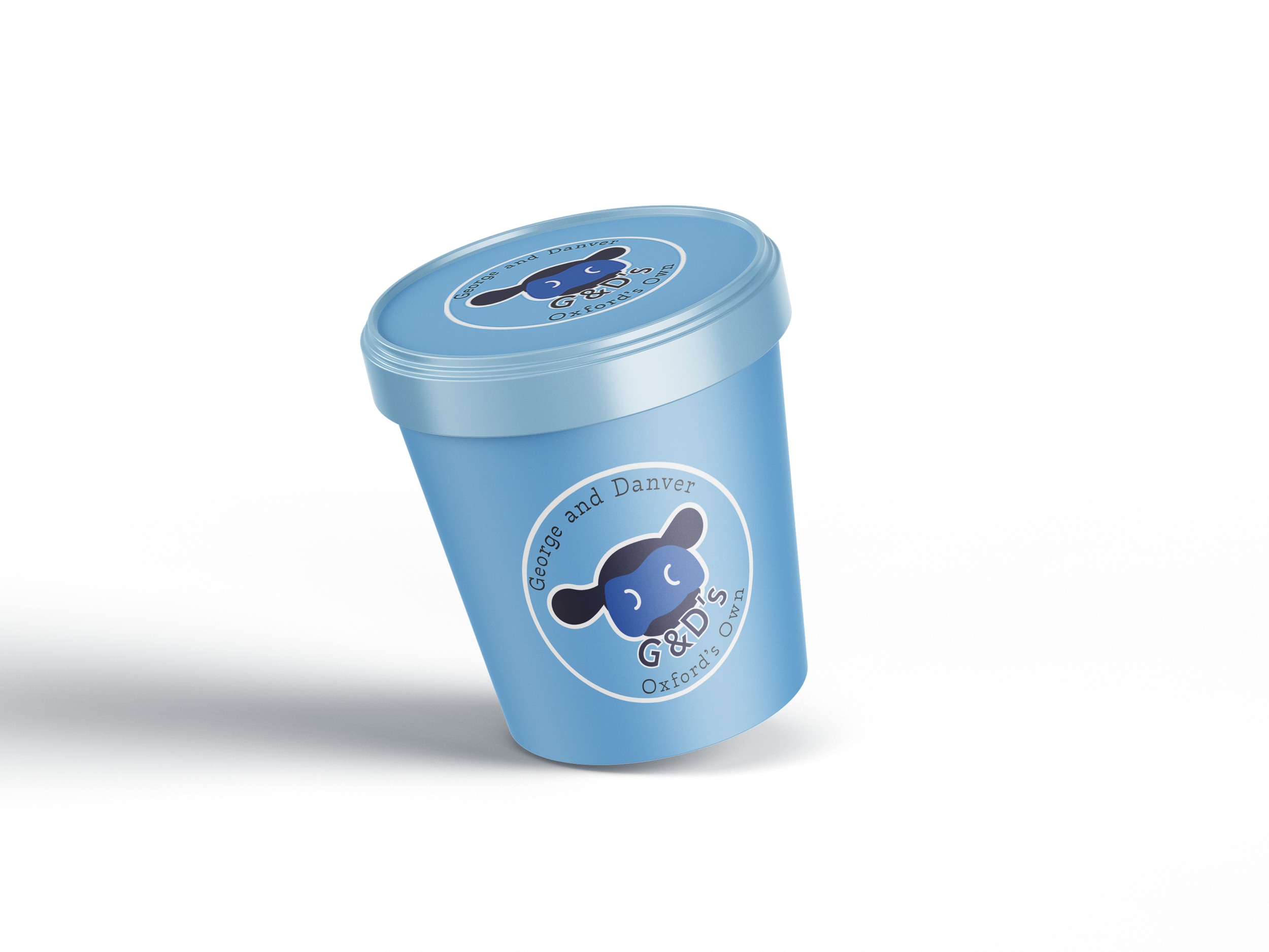 A blue container with a round lid displaying a logo of a dog and the text "George and Danver G & D's Oxford".
