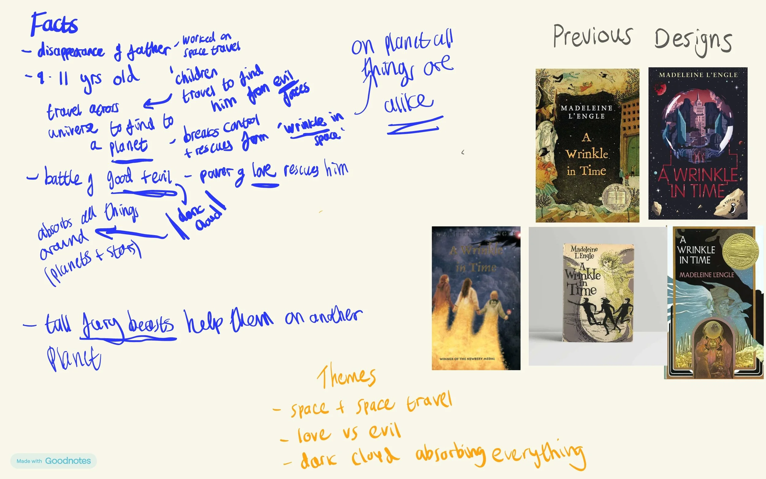 Handwritten notes and images related to book covers of 'A Wrinkle in Time' by Madeleine L'Engle, with section titles 'Facts' and 'Themes' and references to space and travel.