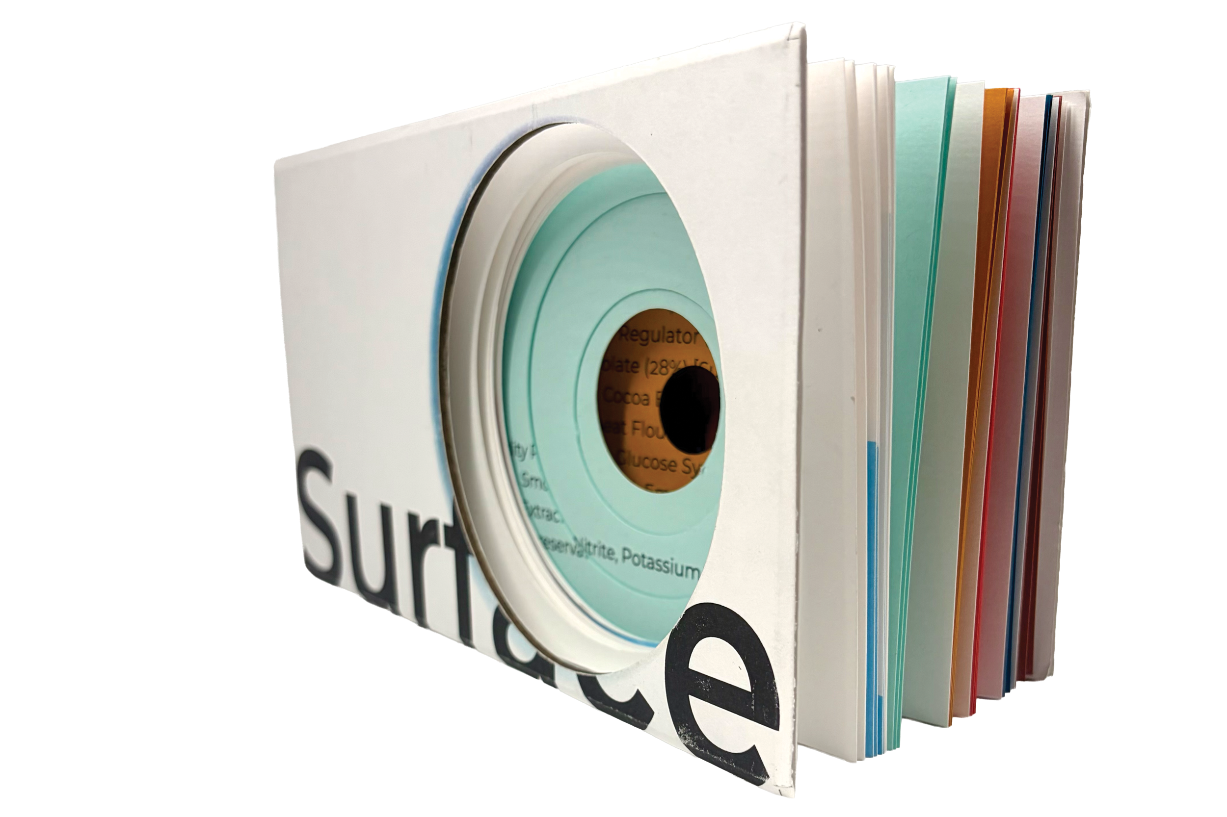 A book with cut out circles showcasing nutritional fats in foods