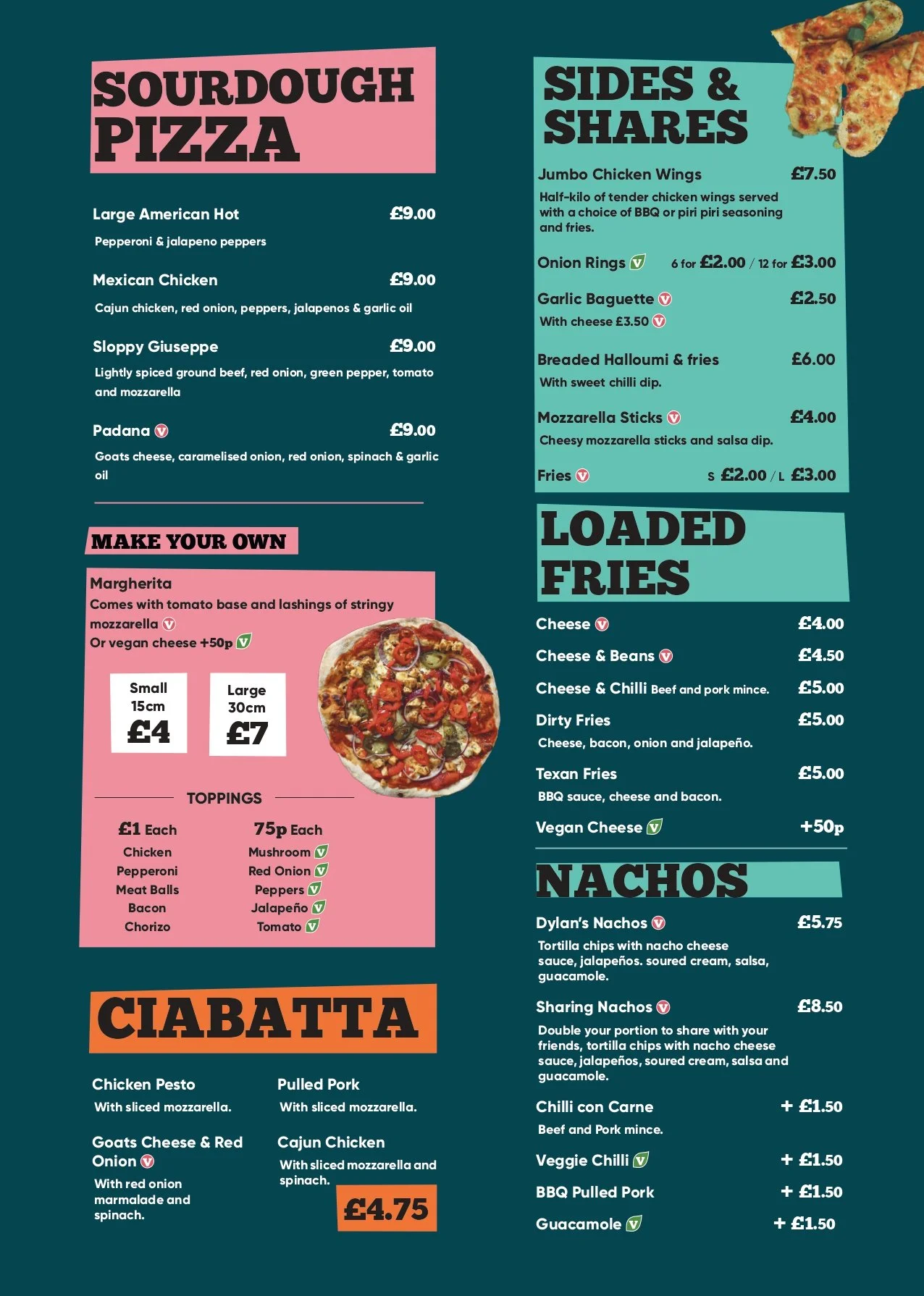 Menu featuring sourdough pizza, sides, loaded fries, ciabatta sandwiches, and nachos with prices and descriptions.