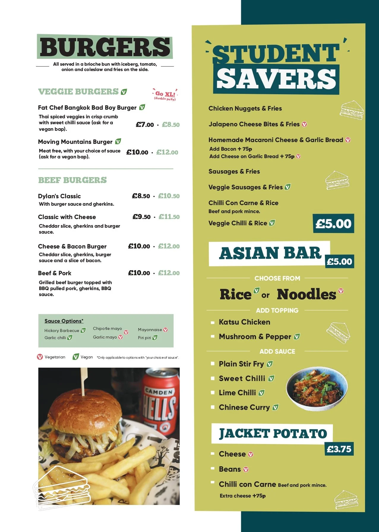 Menu displaying various burgers, sides, and Asian dishes with prices, descriptions, and vegetarian and vegan options, alongside illustrated icons of sandwiches and bowls.