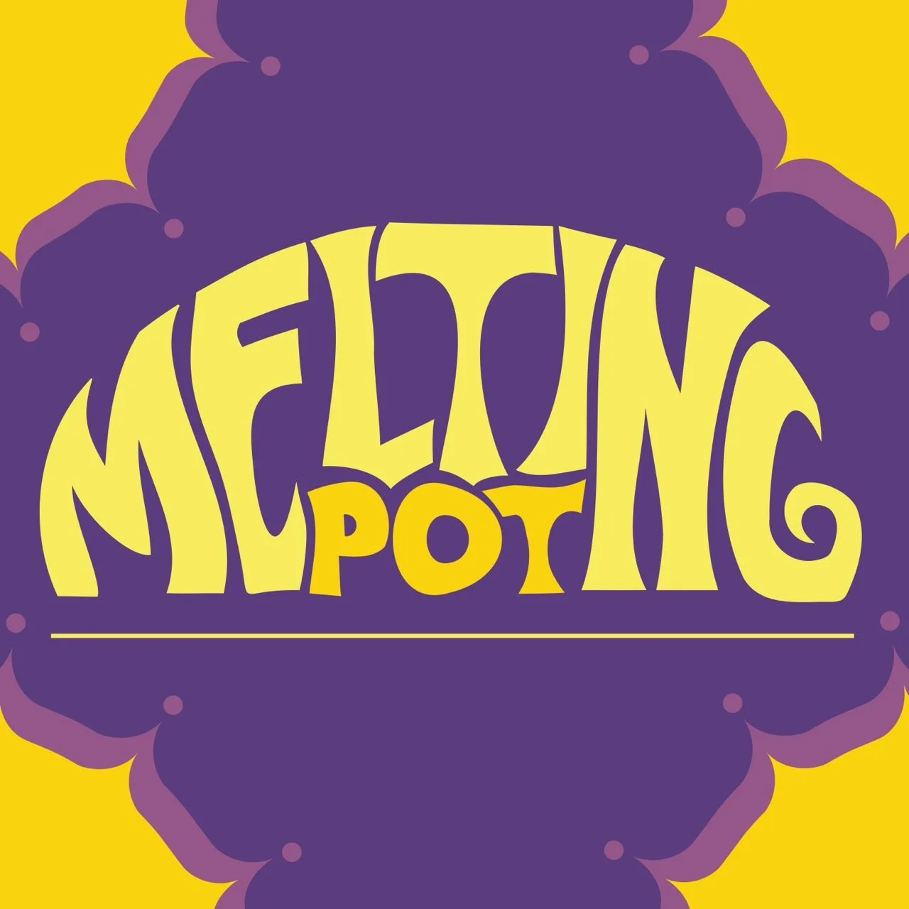 Text reading 'Melting Pot' in yellow and purple, with a yellow background and a purple cloud design around the text.