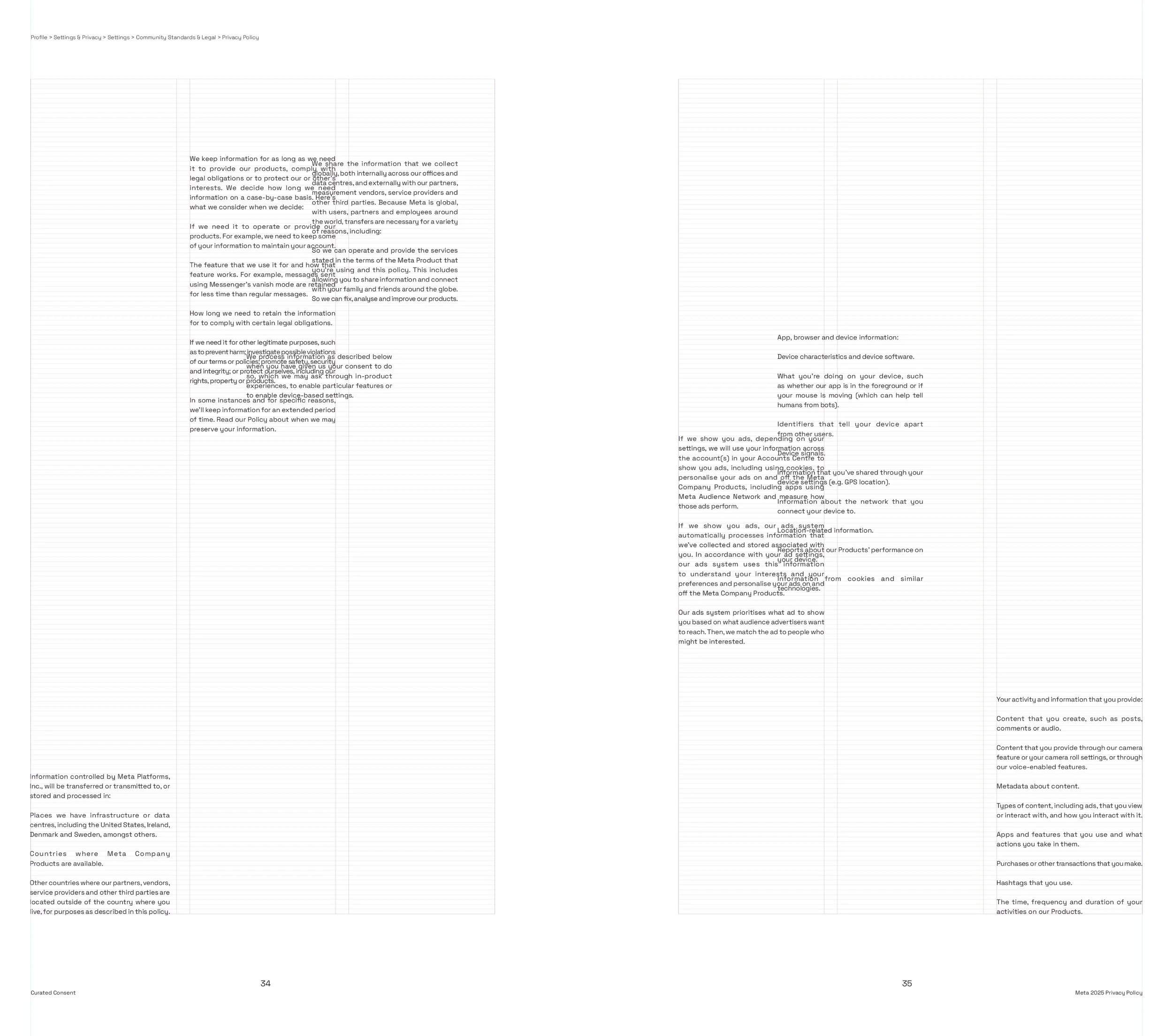 Pages 34 and 35 of a document, showing text related to privacy policy, community standards, legal policies, and data management, with visible page numbers and footer information.