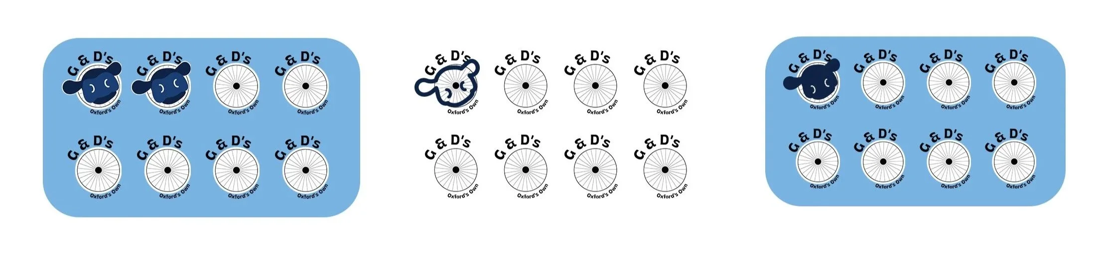 Sheet of bicycle stickers featuring Blue and D's Oxfo'ss Own logo and a bicycle wheel, arranged in three groups with a cartoon skull and bicycle chain link in the middle.