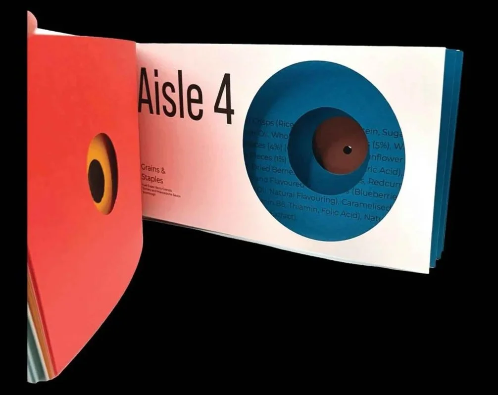 Open book showing a section labeled 'Aisle 4' with a graphic of concentric circles resembling the fat in the food.