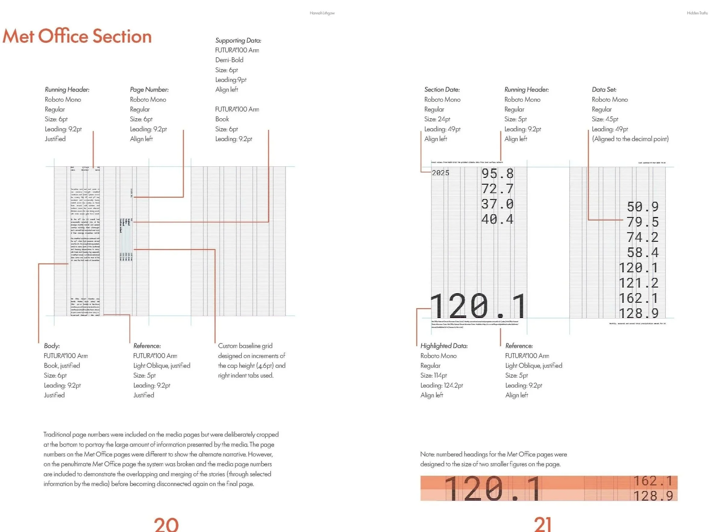 Close-up of technical printing or typesetting document showing various specifications, numbers, and grid lines, with some text about Met Office sections and data.