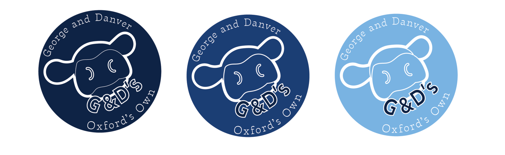 Three circular logos with a cow's face illustration, the text "George and Danver G& D's" curved around the top, and "Oxford's Own" curved around the bottom, displayed side by side.