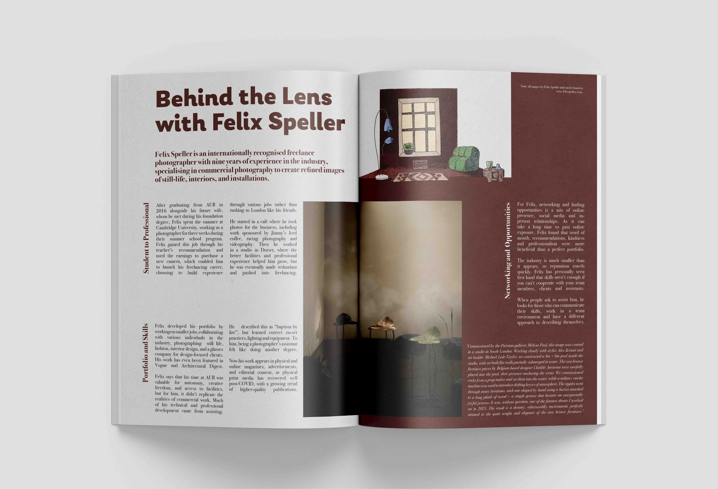 An open magazine with two pages visible. The left page has the title 'Behind the Lens with Felix Speller' and a column of text, and the right page has a photo of a cozy interior scene with a window, a green armchair, a small side table with a glass and a blue bottle, a standing lamp, a potted plant, and a small rug on the floor.