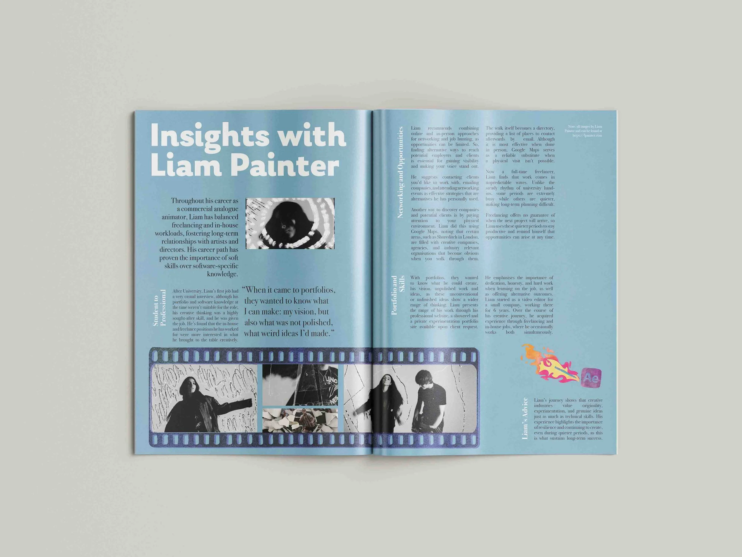 Open magazine showcasing article titled 'Insights with Liam Painter,' featuring black and white photos of Liam and other people, with a colorful sticker of a dragon at the bottom right corner.