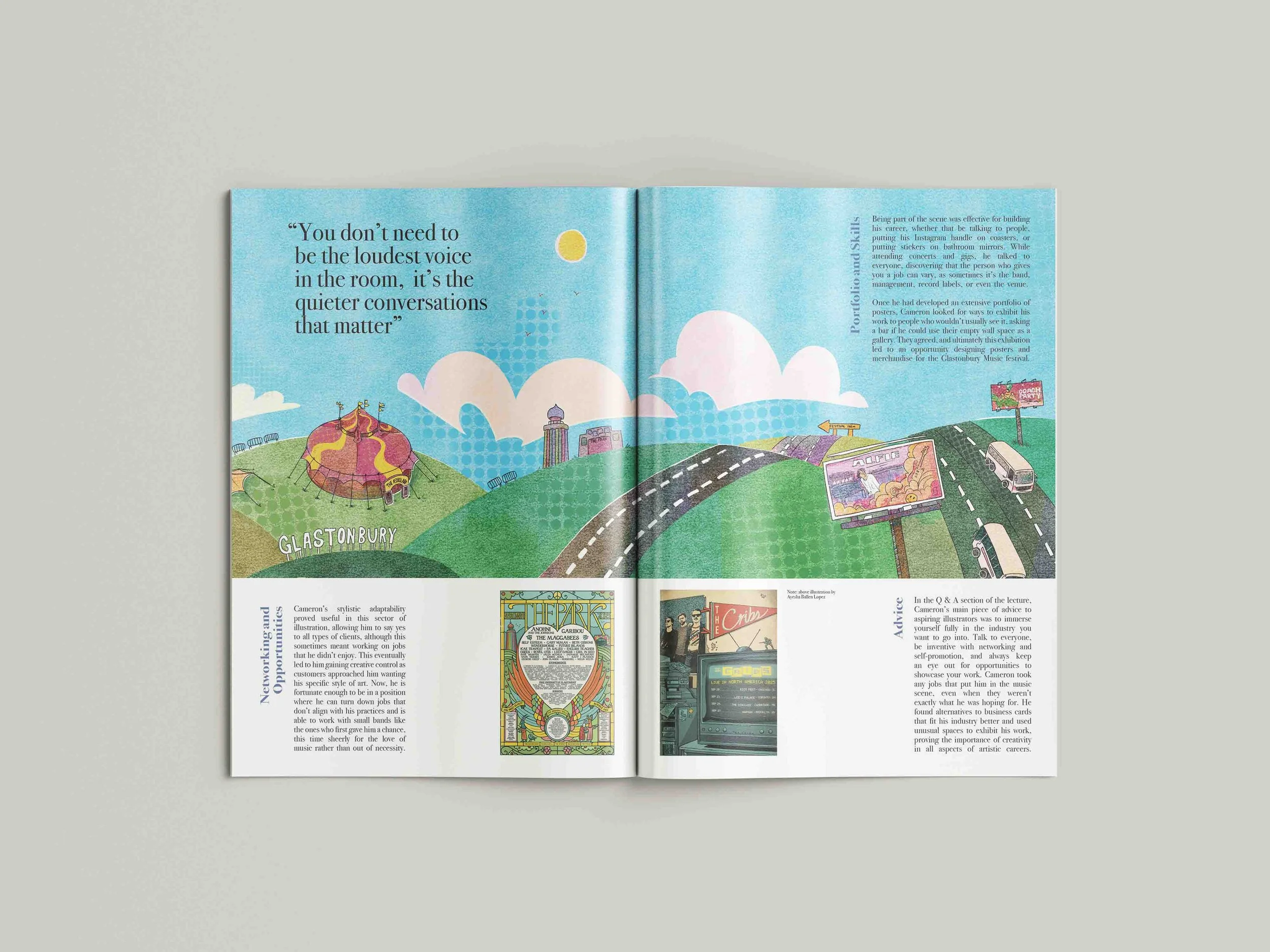 Open magazine spread featuring colorful illustrations of a fairground, a roller coaster, a road with cars, and a billboard, along with text quotes and paragraphs discussing art, music, and career advice.