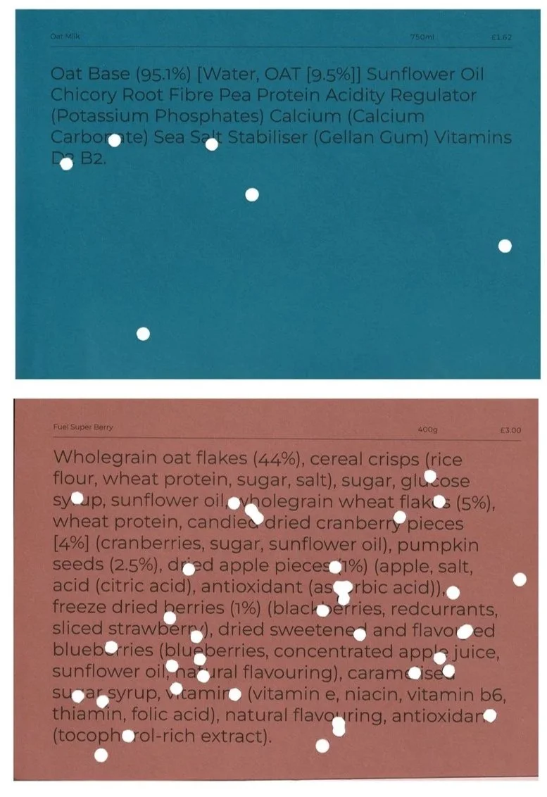 Two food packaging labels, one blue and one brown, list ingredients for oat-based products and wholegrain oat flakes with dried cranberries, apple pieces, berries, and flavorings.