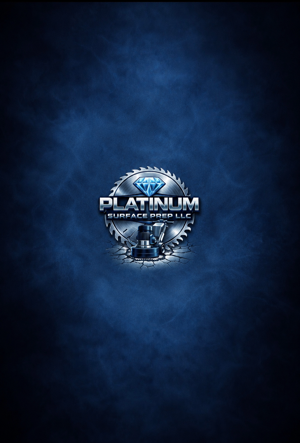 Logo for Platinum Surface Prep LLC with a diamond, circular saw blade, and surface grinding machine on a dark blue textured background.