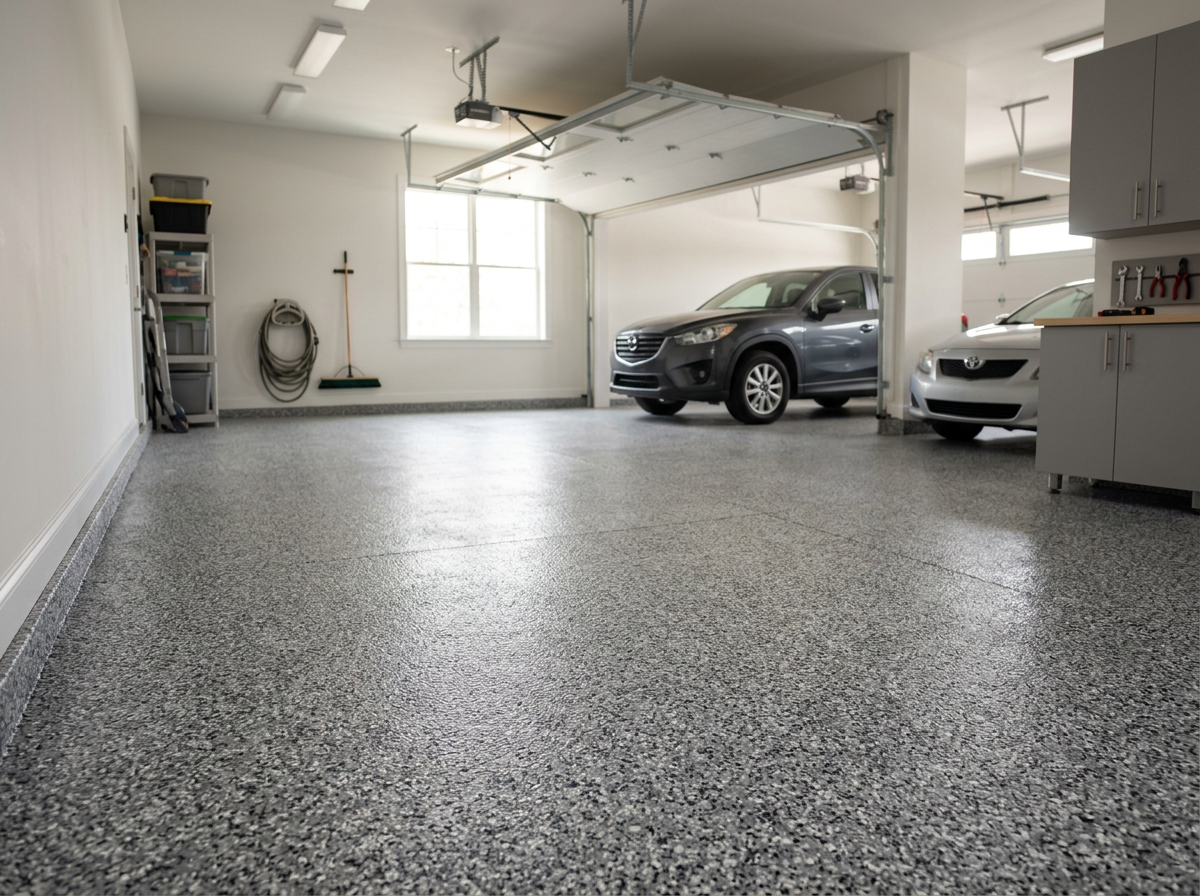 A clean, spacious two-car garage with a gray floor, white walls, and ceiling lights. There are two cars parked inside: a gray SUV and a white sedan. Garage storage shelves, a wall-mounted hose and broom, and a workbench with tools are also visible.