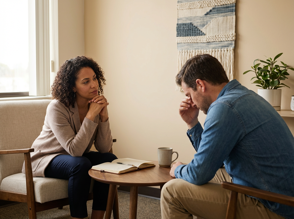 A woman and a man are having a serious conversation in a cozy room. The woman sits on a beige chair with a notepad in front of her, while the man sits at a small wooden table, appearing distressed with his hand on his face and hand on his forehead. There is a window, a wall hanging, and a potted plant in the background.